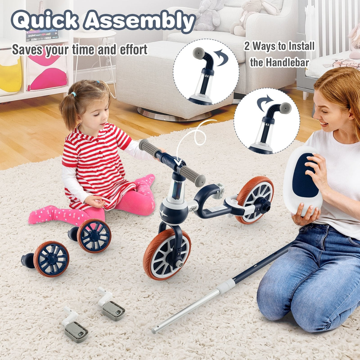 Tricycle évolutif 4-en-1 avec poignée parentale réglable et hauteur d'assise ajustable-Bleu marine