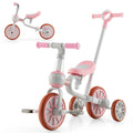 Bicicleta de tres ruedas 4 en 1 para niños con manija de empuje parental ajustable y altura de asiento - Rosa
