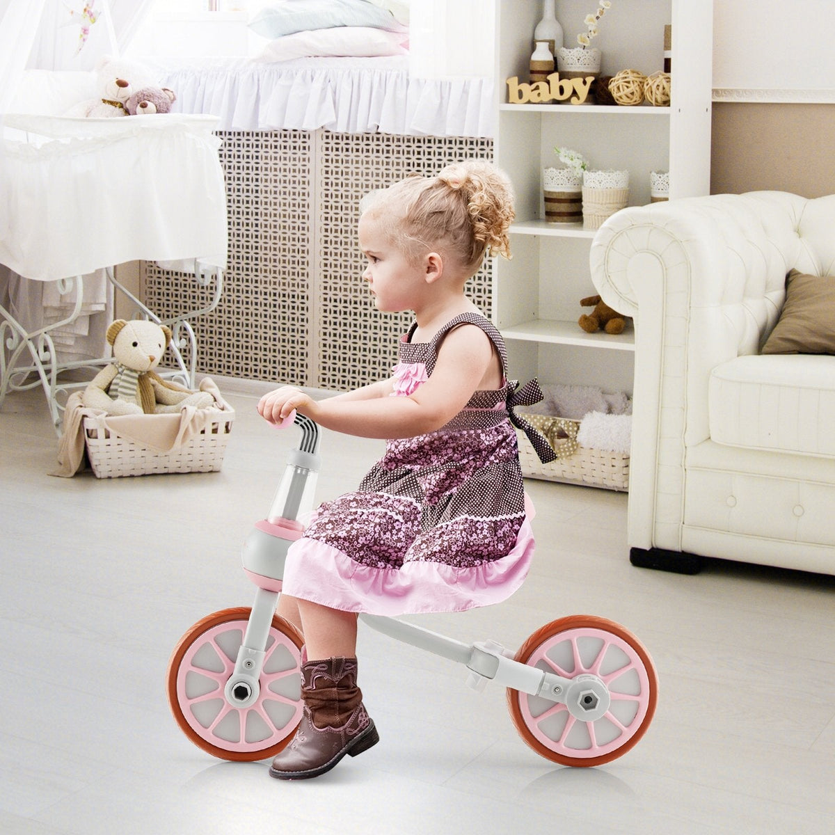 Bicicleta de tres ruedas 4 en 1 para niños con manija de empuje parental ajustable y altura de asiento - Rosa