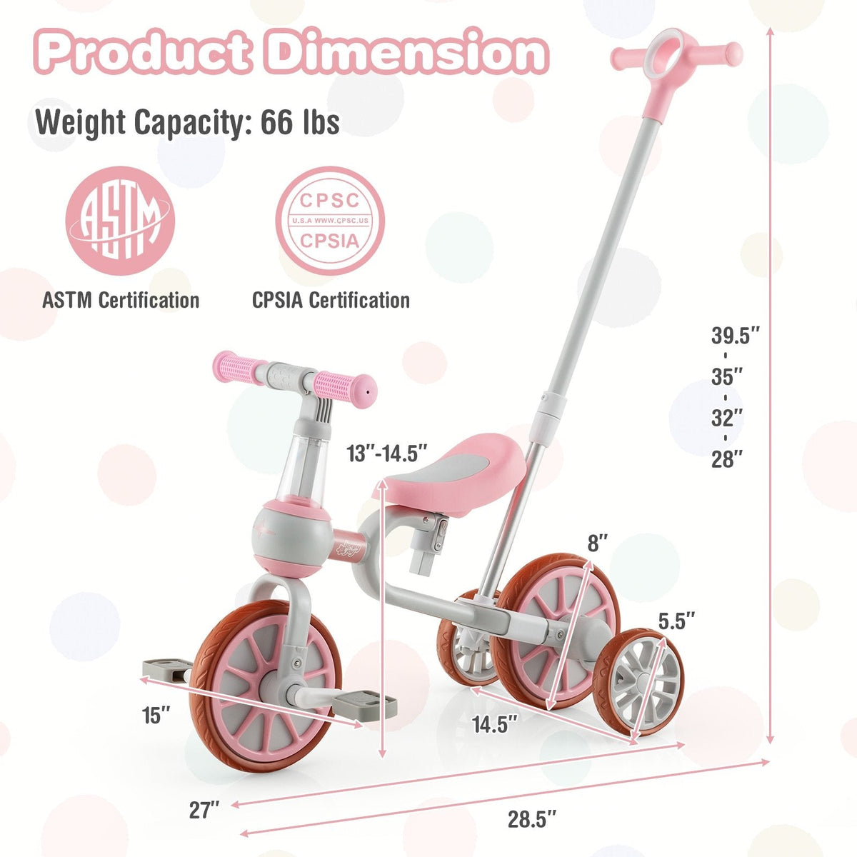 Bicicleta de tres ruedas 4 en 1 para niños con manija de empuje parental ajustable y altura de asiento - Rosa