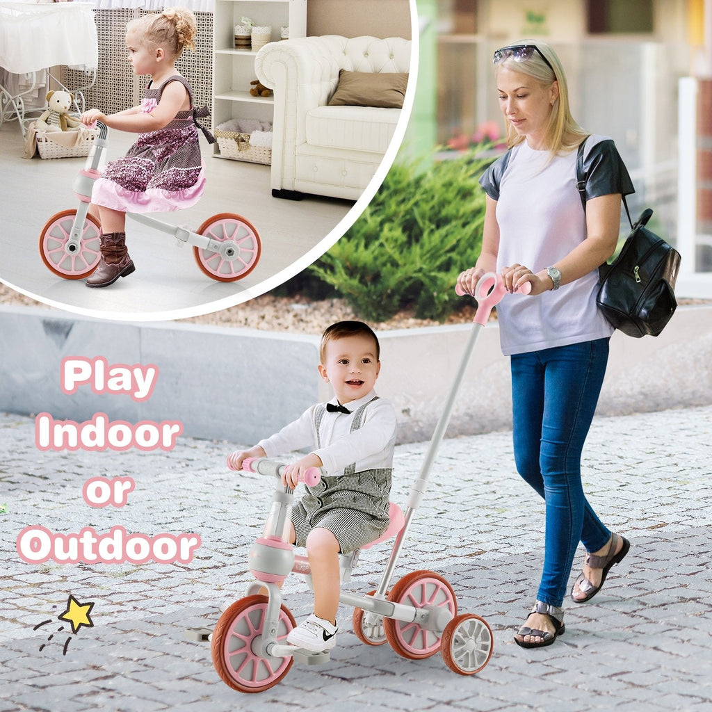 Bicicleta de tres ruedas 4 en 1 para niños con manija de empuje parental ajustable y altura de asiento - Rosa