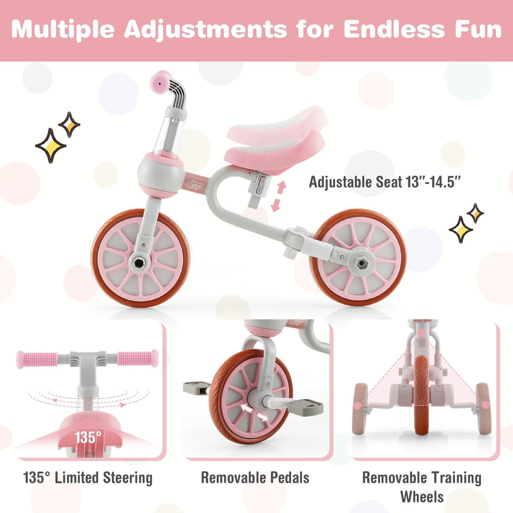 Bicicleta de tres ruedas 4 en 1 para niños con manija de empuje parental ajustable y altura de asiento - Rosa