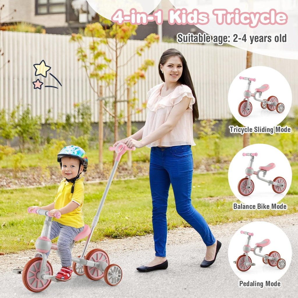 Bicicleta de tres ruedas 4 en 1 para niños con manija de empuje parental ajustable y altura de asiento - Rosa