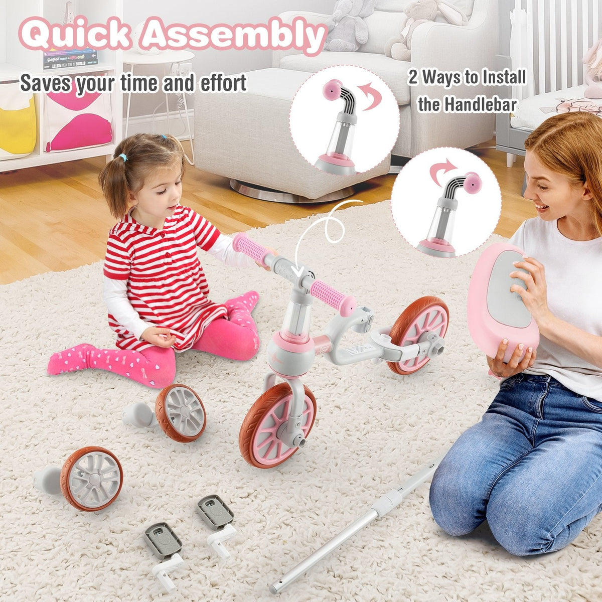 Bicicleta de tres ruedas 4 en 1 para niños con manija de empuje parental ajustable y altura de asiento - Rosa