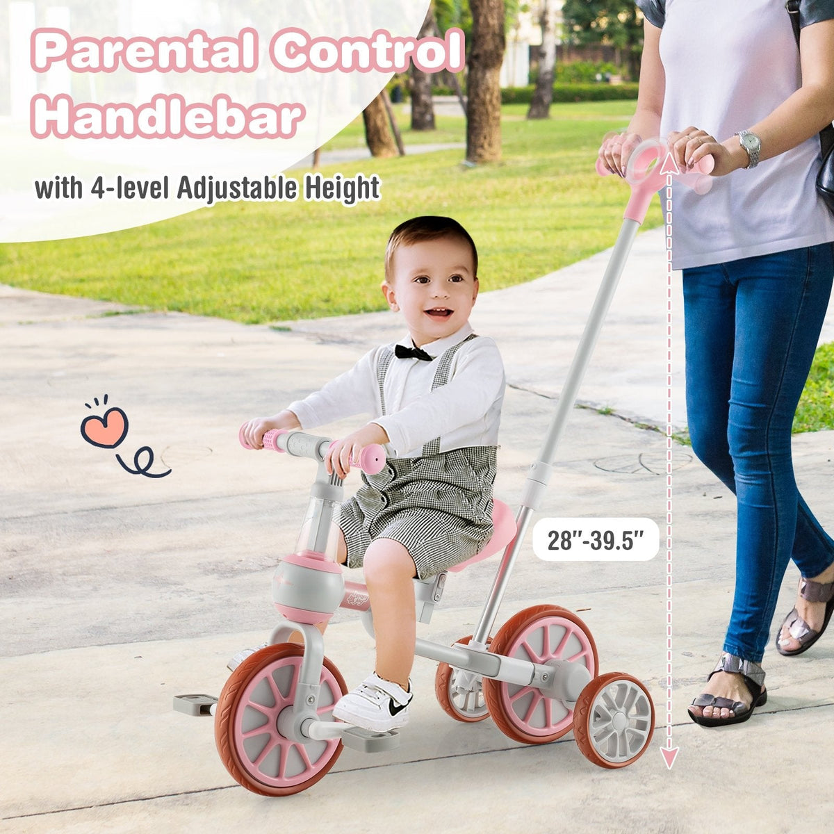 Bicicleta de tres ruedas 4 en 1 para niños con manija de empuje parental ajustable y altura de asiento - Rosa