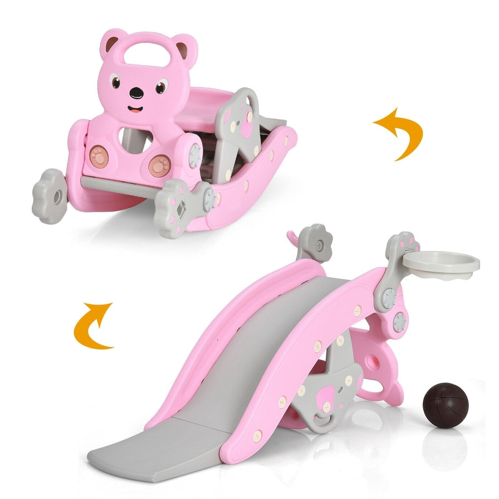 4-in-1 Kleinkind-Rutsche und Schaukelpferd-Spielset mit Basketballkorb – Rosa