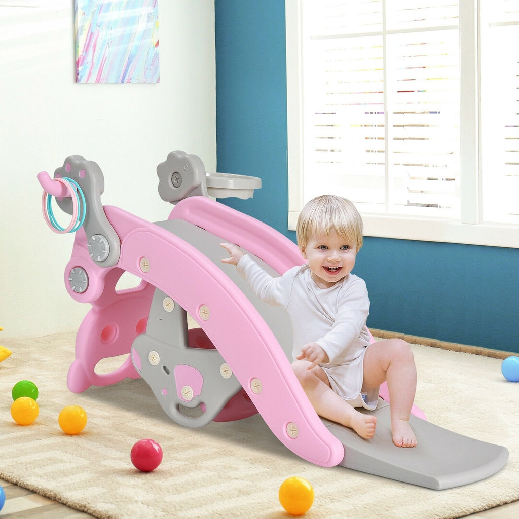 4-in-1 Kleinkind-Rutsche und Schaukelpferd-Spielset mit Basketballkorb – Rosa