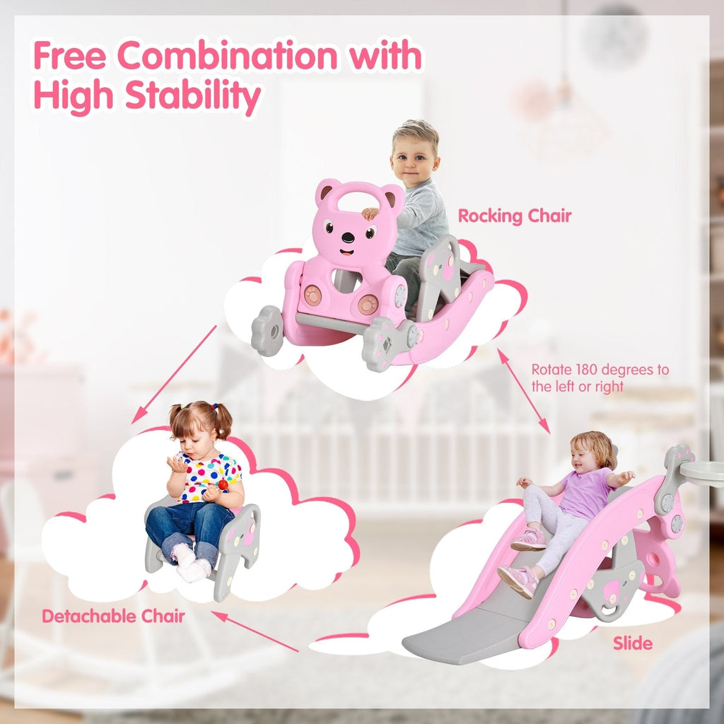 4-in-1 Kleinkind-Rutsche und Schaukelpferd-Spielset mit Basketballkorb – Rosa