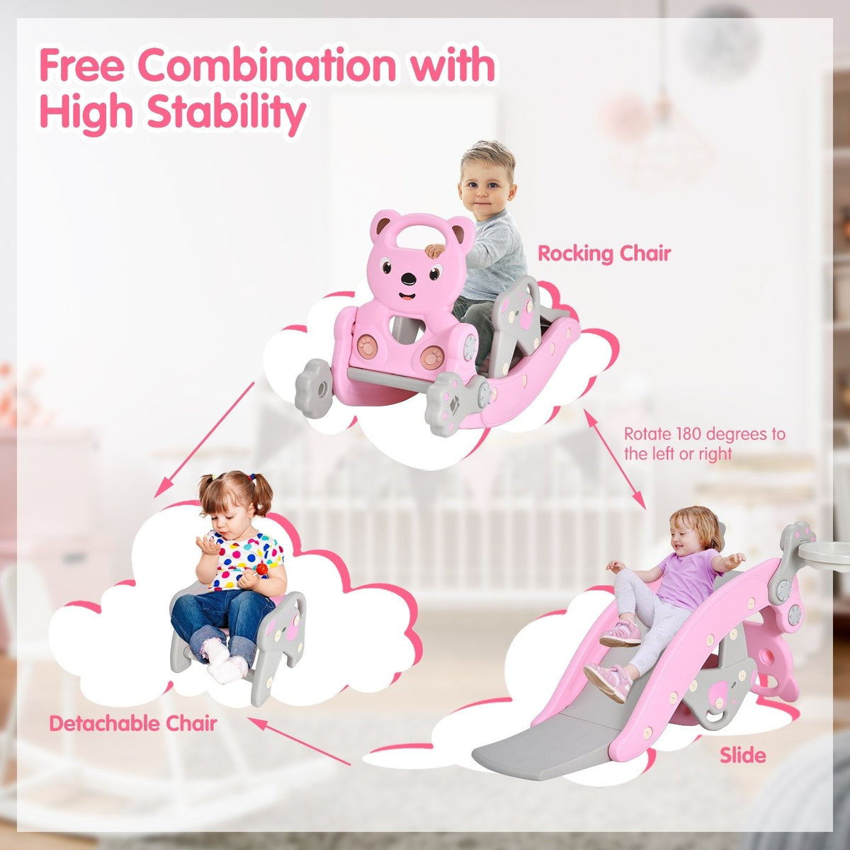 4-in-1 Kleinkind-Rutsche und Schaukelpferd-Spielset mit Basketballkorb – Rosa