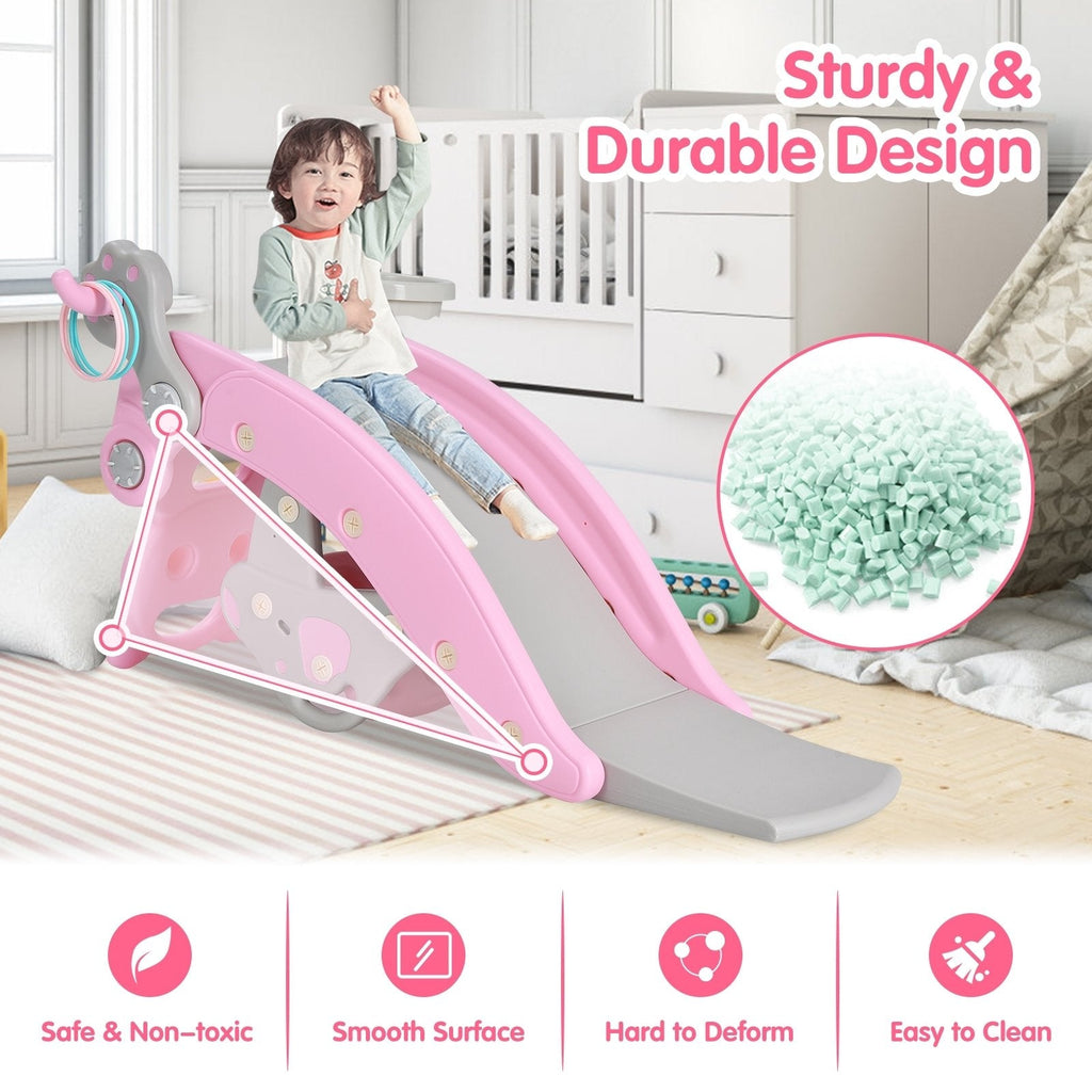 4-in-1 Kleinkind-Rutsche und Schaukelpferd-Spielset mit Basketballkorb – Rosa