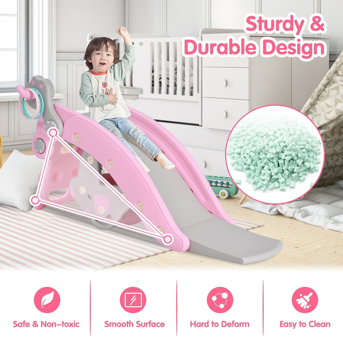 4-in-1 Kleinkind-Rutsche und Schaukelpferd-Spielset mit Basketballkorb – Rosa