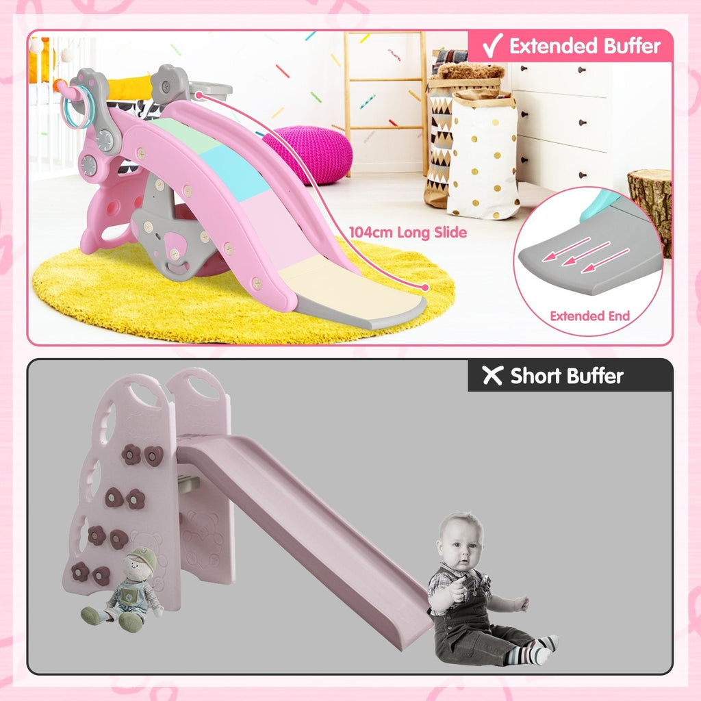 4-in-1 Kleinkind-Rutsche und Schaukelpferd-Spielset mit Basketballkorb – Rosa