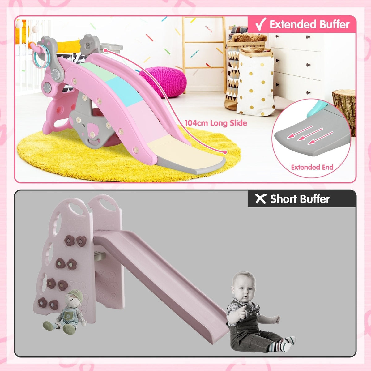 4-in-1 Kleinkind-Rutsche und Schaukelpferd-Spielset mit Basketballkorb – Rosa