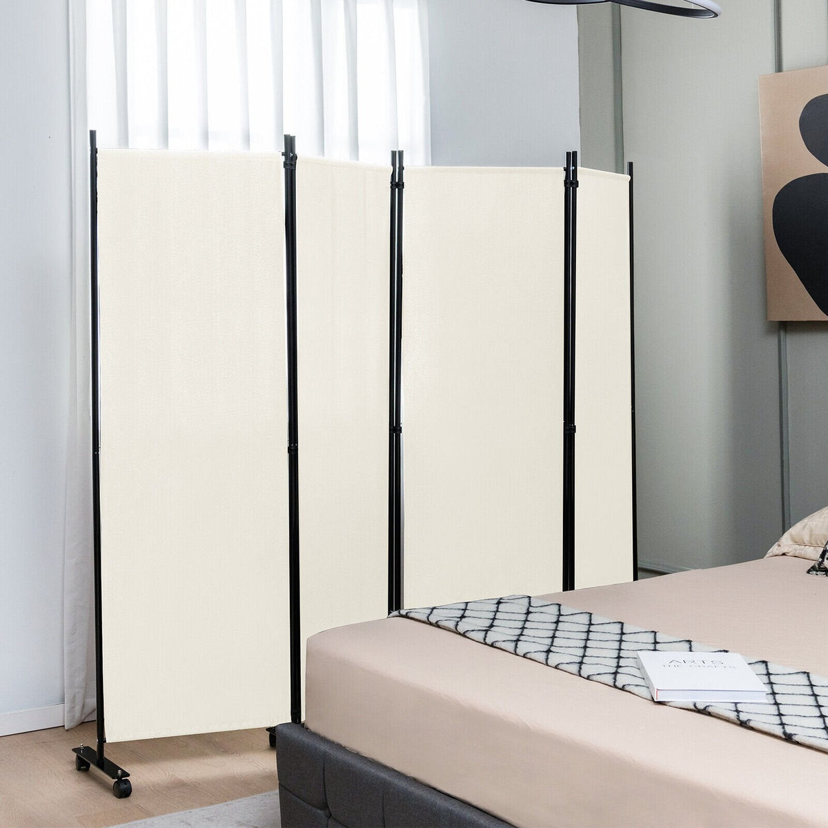 Séparateur de pièce pliable à 4 panneaux de 6 pieds, paravent mobile avec roulettes verrouillables - Blanc