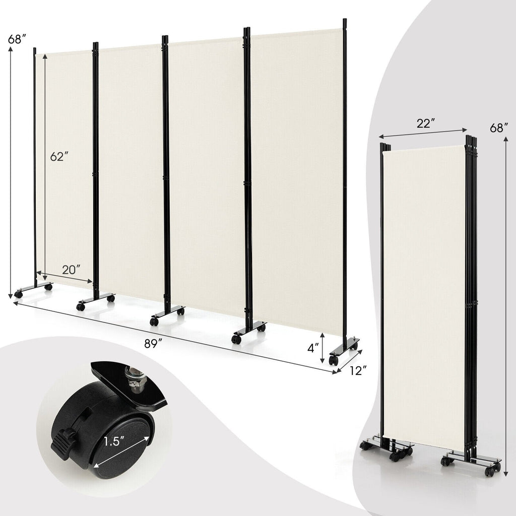 Séparateur de pièce pliable à 4 panneaux de 6 pieds, paravent mobile avec roulettes verrouillables - Blanc