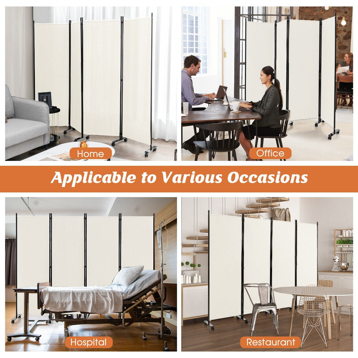 Séparateur de pièce pliable à 4 panneaux de 6 pieds, paravent mobile avec roulettes verrouillables - Blanc