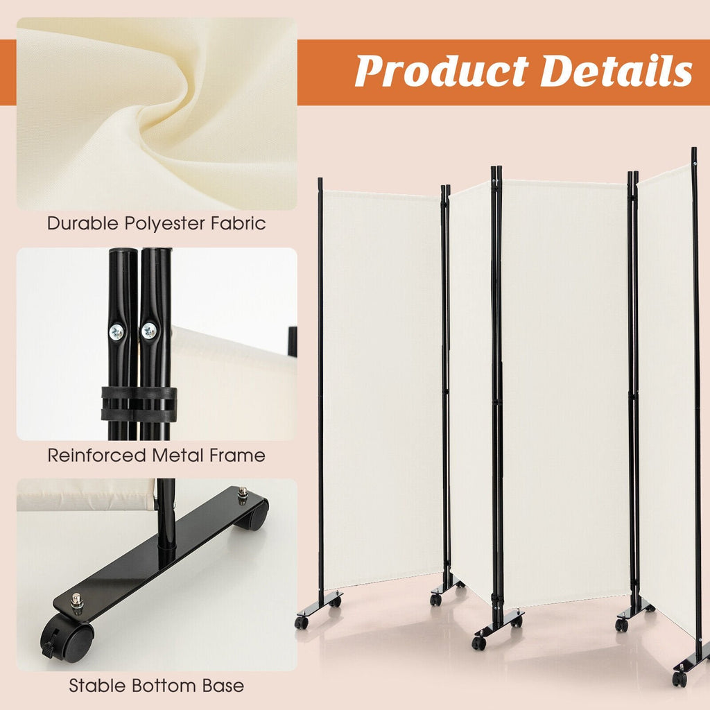 Séparateur de pièce pliable à 4 panneaux de 6 pieds, paravent mobile avec roulettes verrouillables - Blanc