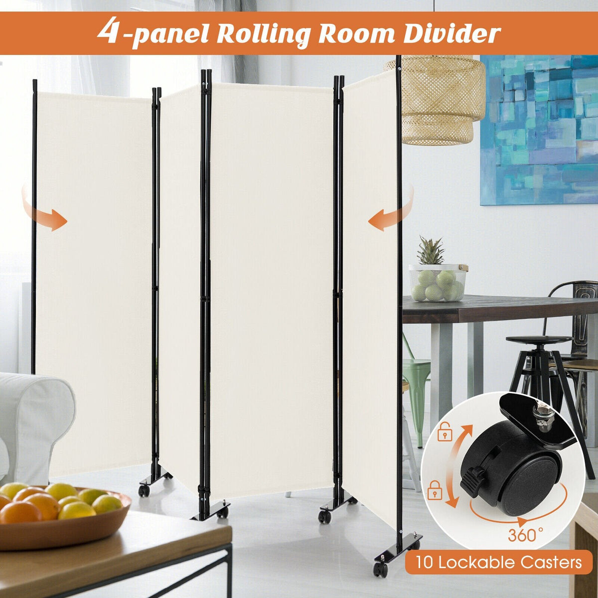 Séparateur de pièce pliable à 4 panneaux de 6 pieds, paravent mobile avec roulettes verrouillables - Blanc