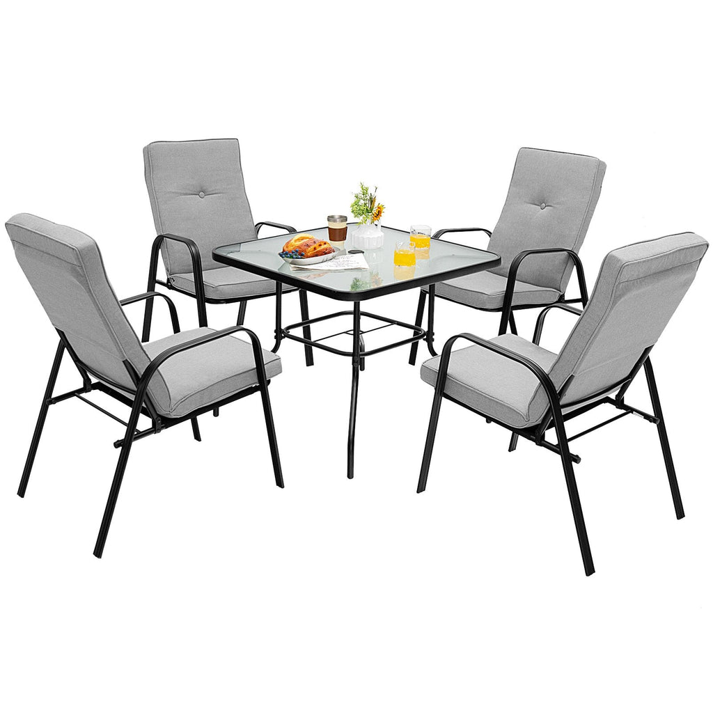 Ensemble de salle à manger d'extérieur 5 pièces, table carrée de 35 po en verre trempé avec trou pour parasol et 4 chaises empilables à dossier haut