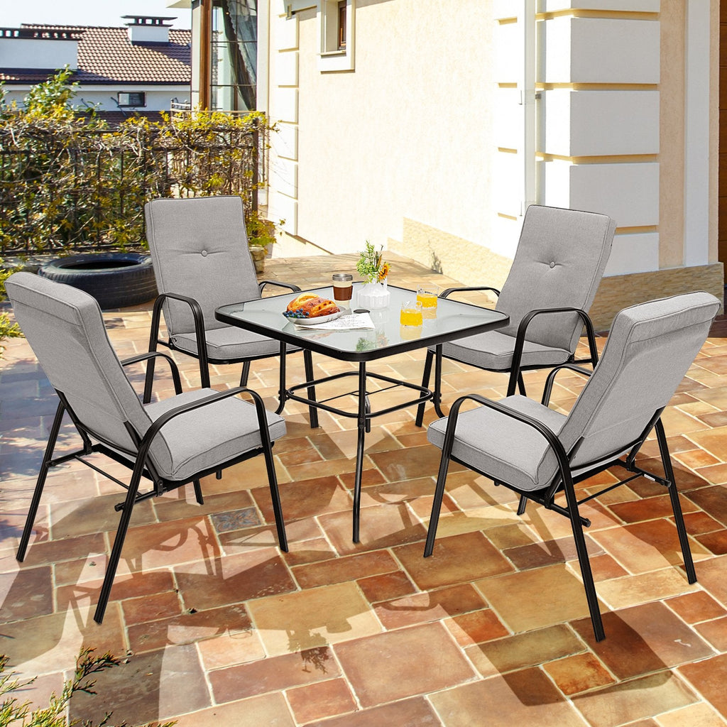 Ensemble de salle à manger d'extérieur 5 pièces, table carrée de 35 po en verre trempé avec trou pour parasol et 4 chaises empilables à dossier haut