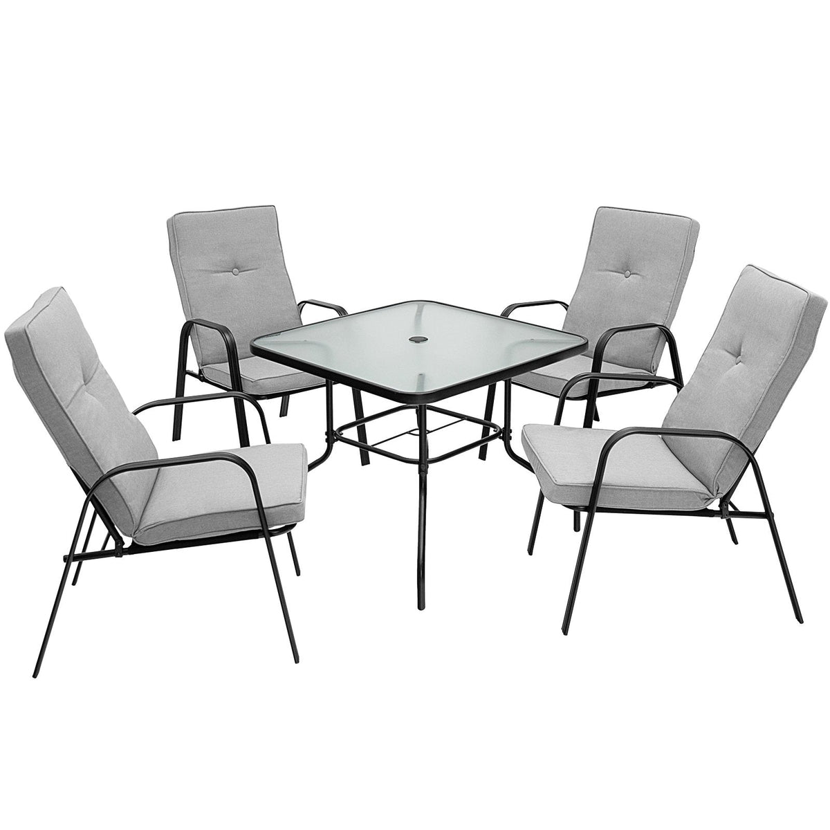 Ensemble de salle à manger d'extérieur 5 pièces, table carrée de 35 po en verre trempé avec trou pour parasol et 4 chaises empilables à dossier haut
