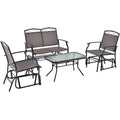 Ensemble de conversation de patio à 4 pièces avec balancelles, canapé balancelle en toile avec capacité de 800 lb, 2 fauteuils balancelles avec capacité de 400 lb et table en verre ondulé, marron