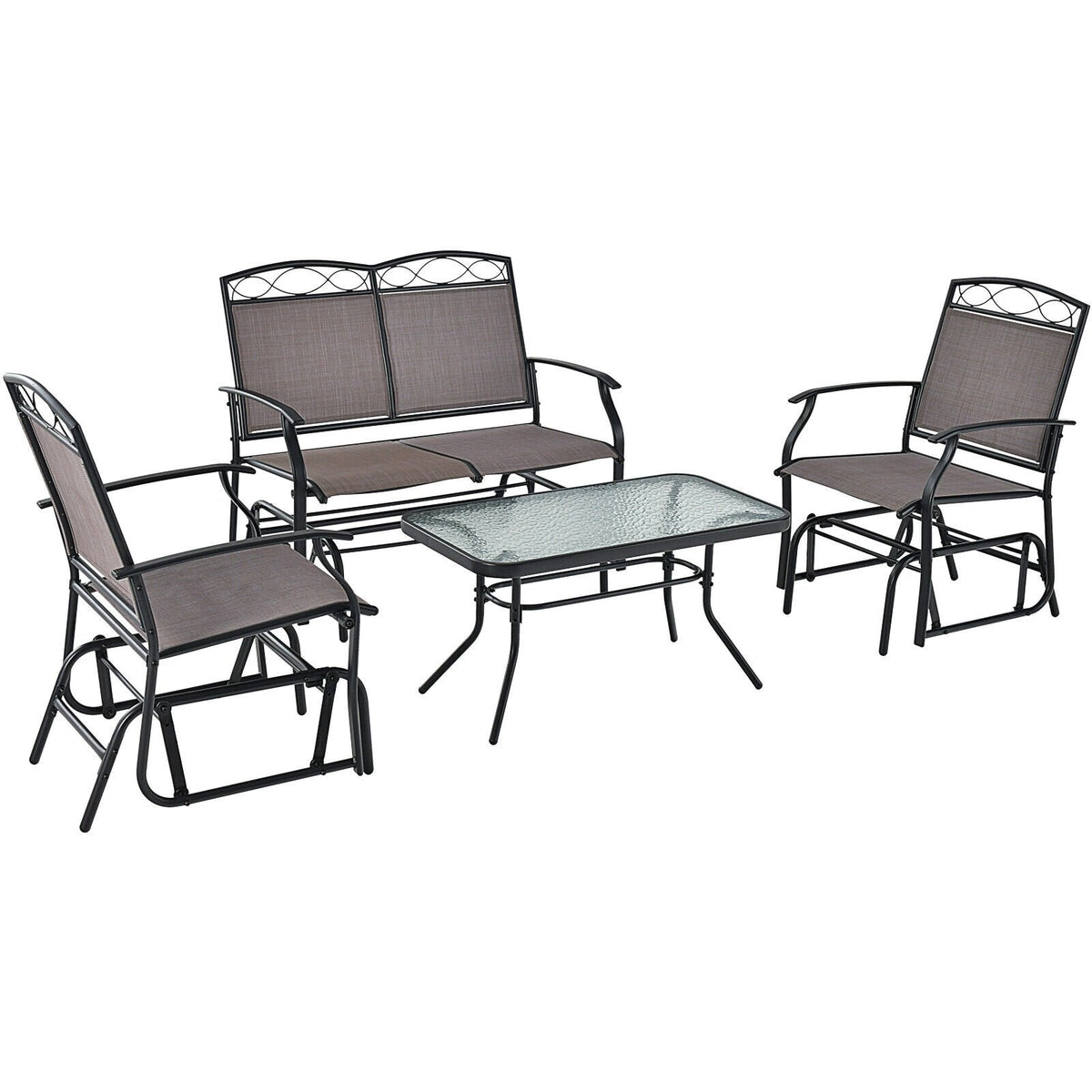 Ensemble de conversation de patio à 4 pièces avec balancelles, canapé balancelle en toile avec capacité de 800 lb, 2 fauteuils balancelles avec capacité de 400 lb et table en verre ondulé, marron