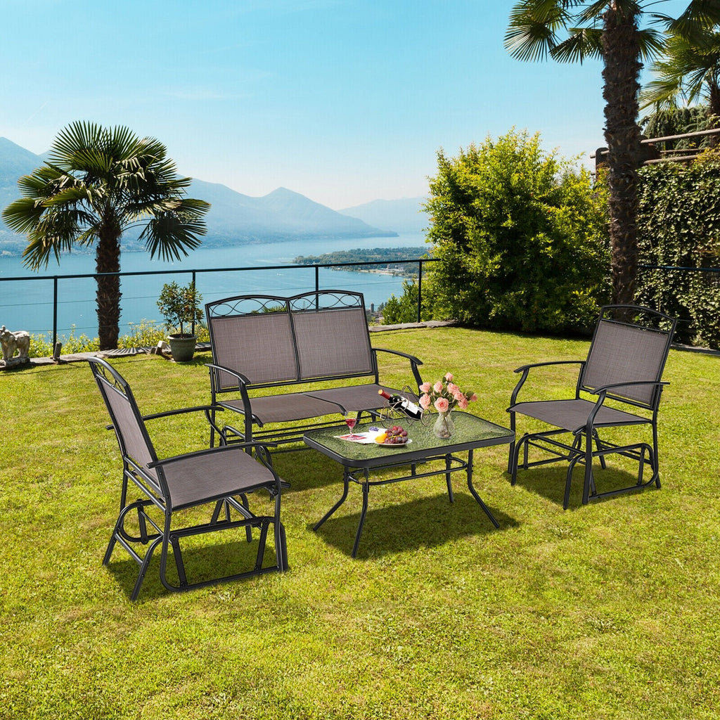 Ensemble de conversation de patio à 4 pièces avec balancelles, canapé balancelle en toile avec capacité de 800 lb, 2 fauteuils balancelles avec capacité de 400 lb et table en verre ondulé, marron