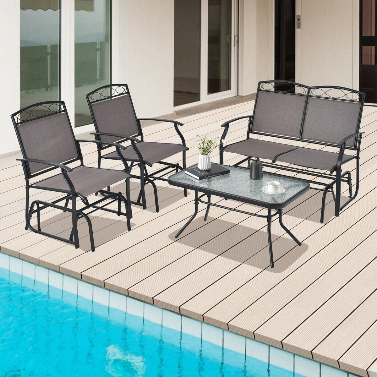 Ensemble de conversation de patio à 4 pièces avec balancelles, canapé balancelle en toile avec capacité de 800 lb, 2 fauteuils balancelles avec capacité de 400 lb et table en verre ondulé, marron