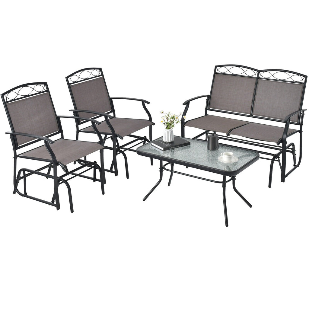 Ensemble de conversation de patio à 4 pièces avec balancelles, canapé balancelle en toile avec capacité de 800 lb, 2 fauteuils balancelles avec capacité de 400 lb et table en verre ondulé, marron