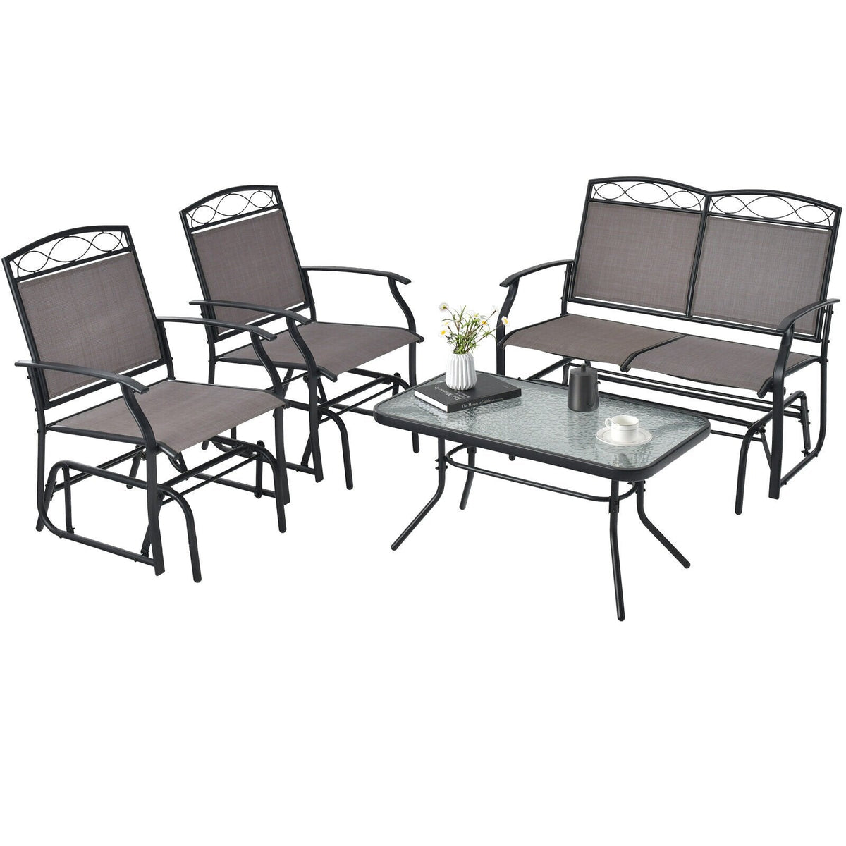 Ensemble de conversation de patio à 4 pièces avec balancelles, canapé balancelle en toile avec capacité de 800 lb, 2 fauteuils balancelles avec capacité de 400 lb et table en verre ondulé, marron