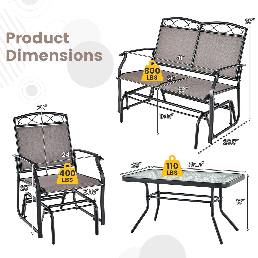 Ensemble de conversation de patio à 4 pièces avec balancelles, canapé balancelle en toile avec capacité de 800 lb, 2 fauteuils balancelles avec capacité de 400 lb et table en verre ondulé, marron