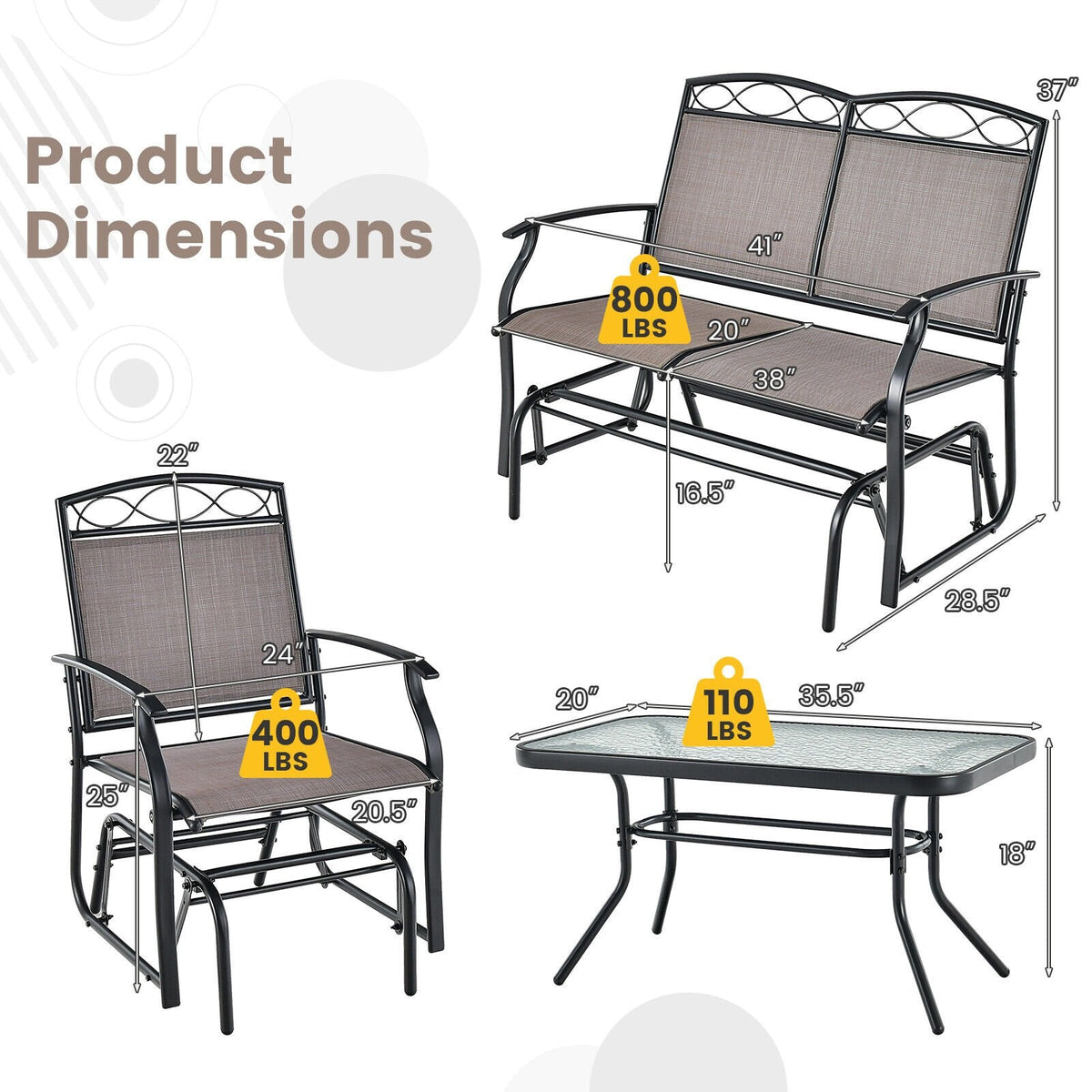 Ensemble de conversation de patio à 4 pièces avec balancelles, canapé balancelle en toile avec capacité de 800 lb, 2 fauteuils balancelles avec capacité de 400 lb et table en verre ondulé, marron