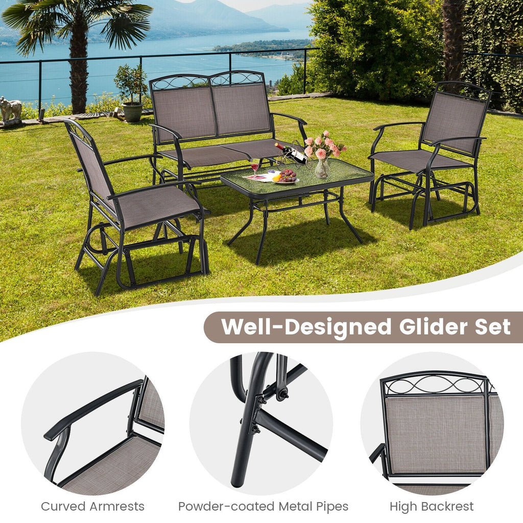 Ensemble de conversation de patio à 4 pièces avec balancelles, canapé balancelle en toile avec capacité de 800 lb, 2 fauteuils balancelles avec capacité de 400 lb et table en verre ondulé, marron