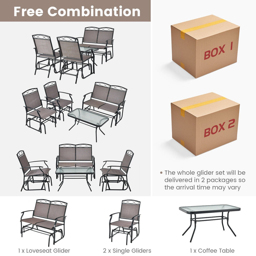 Ensemble de conversation de patio à 4 pièces avec balancelles, canapé balancelle en toile avec capacité de 800 lb, 2 fauteuils balancelles avec capacité de 400 lb et table en verre ondulé, marron