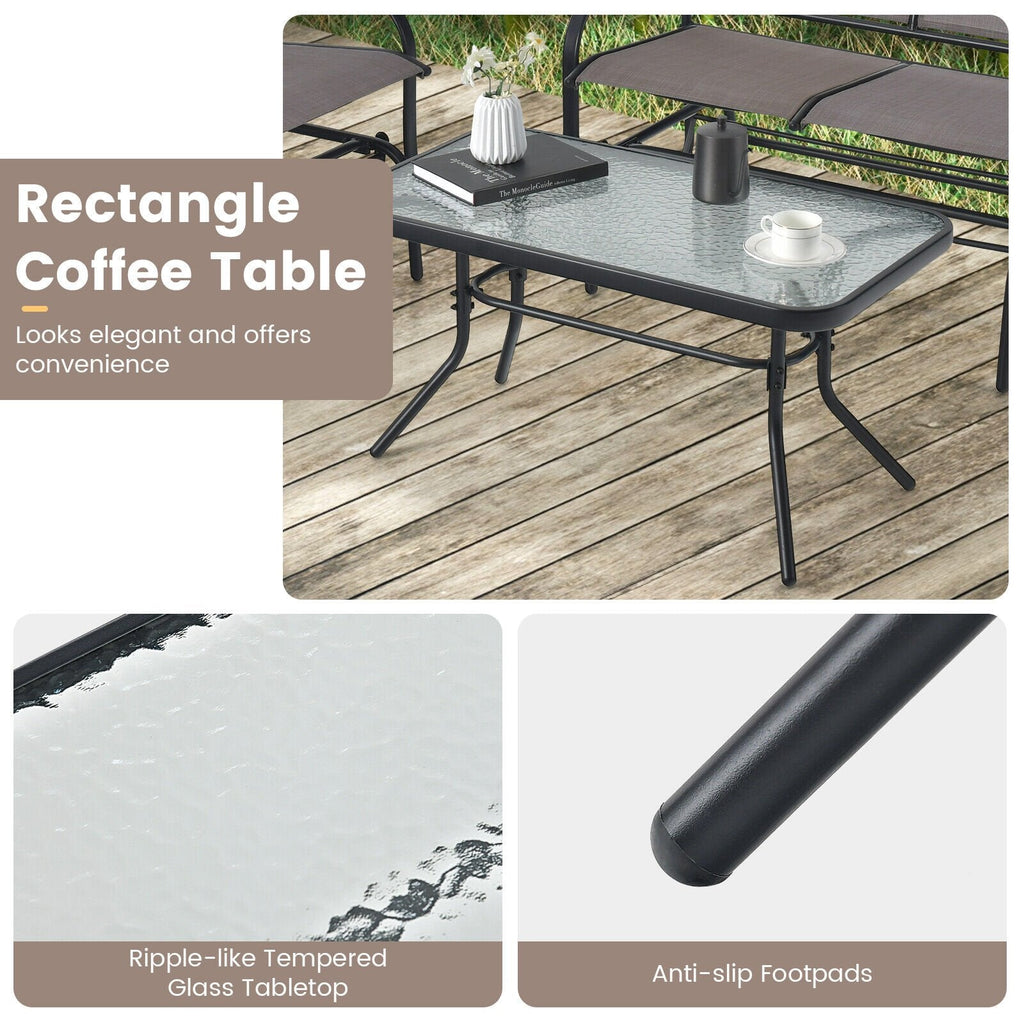 Ensemble de conversation de patio à 4 pièces avec balancelles, canapé balancelle en toile avec capacité de 800 lb, 2 fauteuils balancelles avec capacité de 400 lb et table en verre ondulé, marron