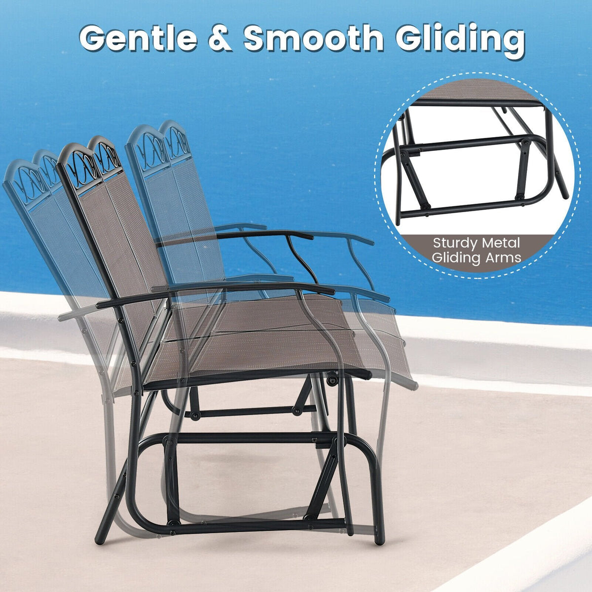 Ensemble de conversation de patio à 4 pièces avec balancelles, canapé balancelle en toile avec capacité de 800 lb, 2 fauteuils balancelles avec capacité de 400 lb et table en verre ondulé, marron