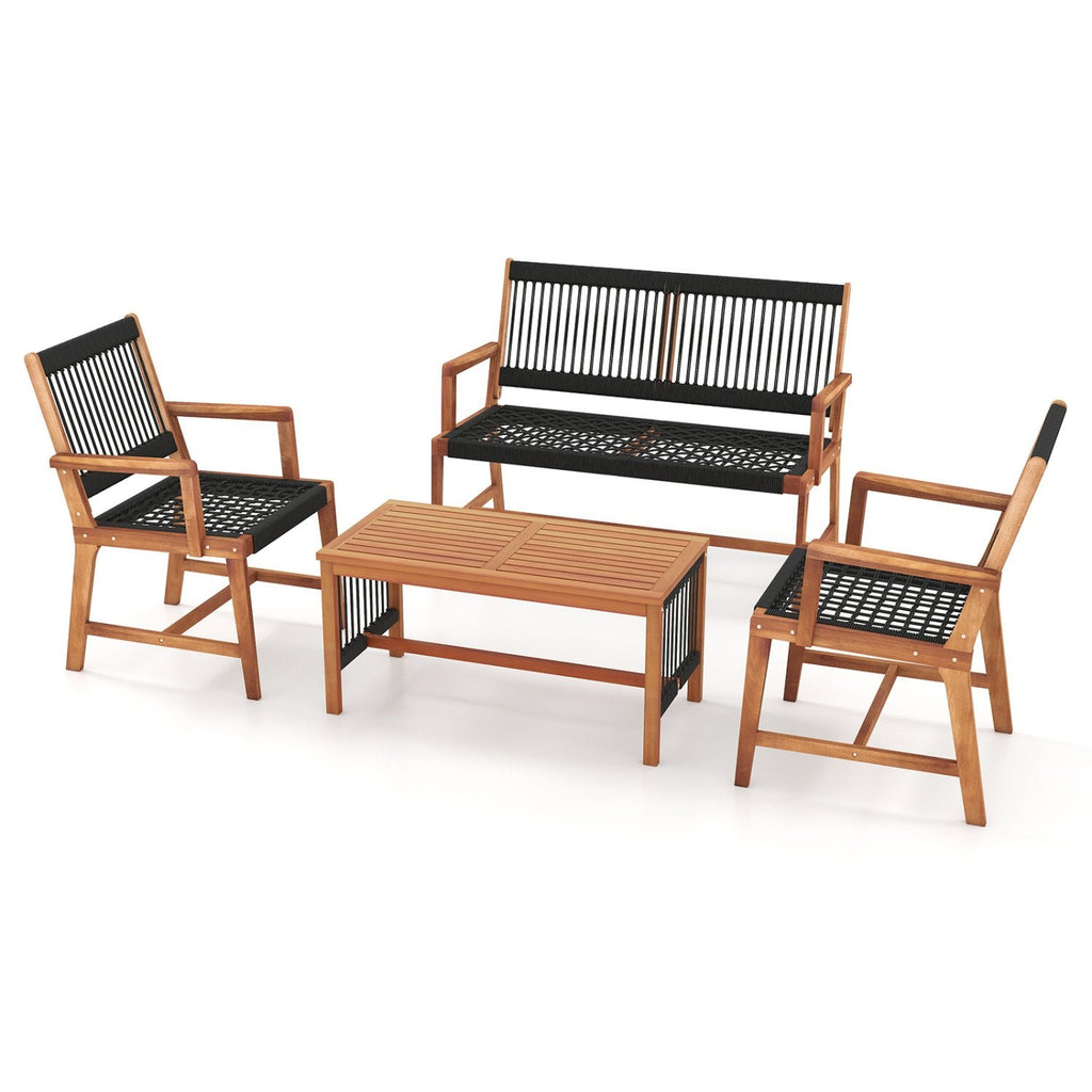 Juego de conversación de 4 piezas de madera de acacia para patio con asientos de cuerda tejida a mano en color negro, sofá de 2 plazas con capacidad para 705 lb, 2 sillas con capacidad para 360 lb y mesa