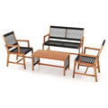 Juego de conversación de 4 piezas de madera de acacia para patio con asientos de cuerda tejida a mano en color negro, sofá de 2 plazas con capacidad para 705 lb, 2 sillas con capacidad para 360 lb y mesa