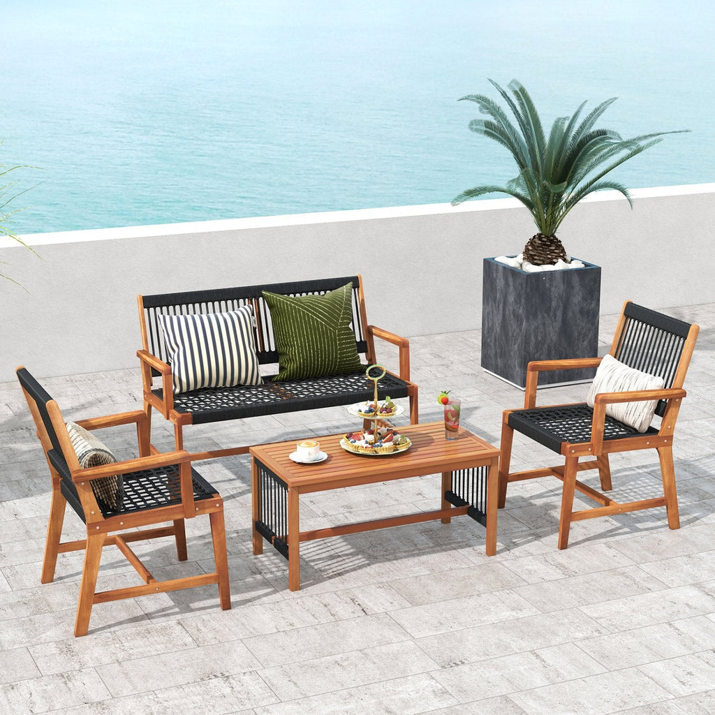 Juego de conversación de 4 piezas de madera de acacia para patio con asientos de cuerda tejida a mano en color negro, sofá de 2 plazas con capacidad para 705 lb, 2 sillas con capacidad para 360 lb y mesa