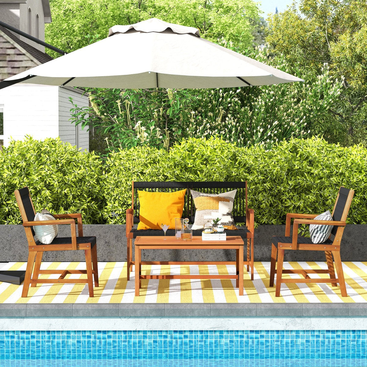 Juego de conversación de 4 piezas de madera de acacia para patio con asientos de cuerda tejida a mano en color negro, sofá de 2 plazas con capacidad para 705 lb, 2 sillas con capacidad para 360 lb y mesa