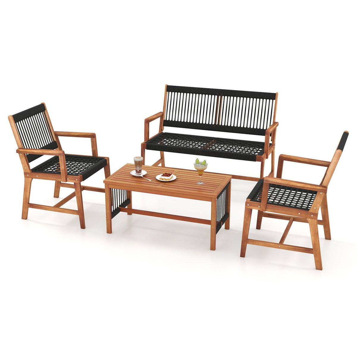 Juego de conversación de 4 piezas de madera de acacia para patio con asientos de cuerda tejida a mano en color negro, sofá de 2 plazas con capacidad para 705 lb, 2 sillas con capacidad para 360 lb y mesa