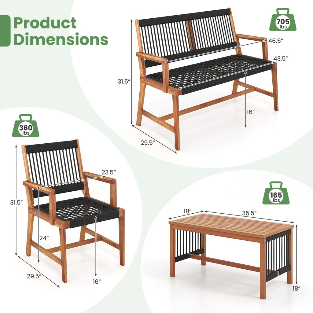 Juego de conversación de 4 piezas de madera de acacia para patio con asientos de cuerda tejida a mano en color negro, sofá de 2 plazas con capacidad para 705 lb, 2 sillas con capacidad para 360 lb y mesa