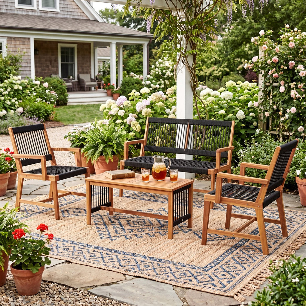 Juego de conversación de 4 piezas de madera de acacia para patio con asientos de cuerda tejida a mano en color negro, sofá de 2 plazas con capacidad para 705 lb, 2 sillas con capacidad para 360 lb y mesa