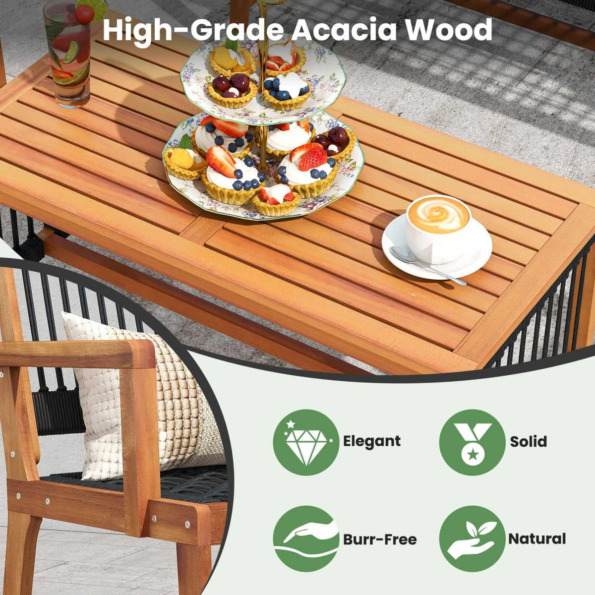 Juego de conversación de 4 piezas de madera de acacia para patio con asientos de cuerda tejida a mano en color negro, sofá de 2 plazas con capacidad para 705 lb, 2 sillas con capacidad para 360 lb y mesa