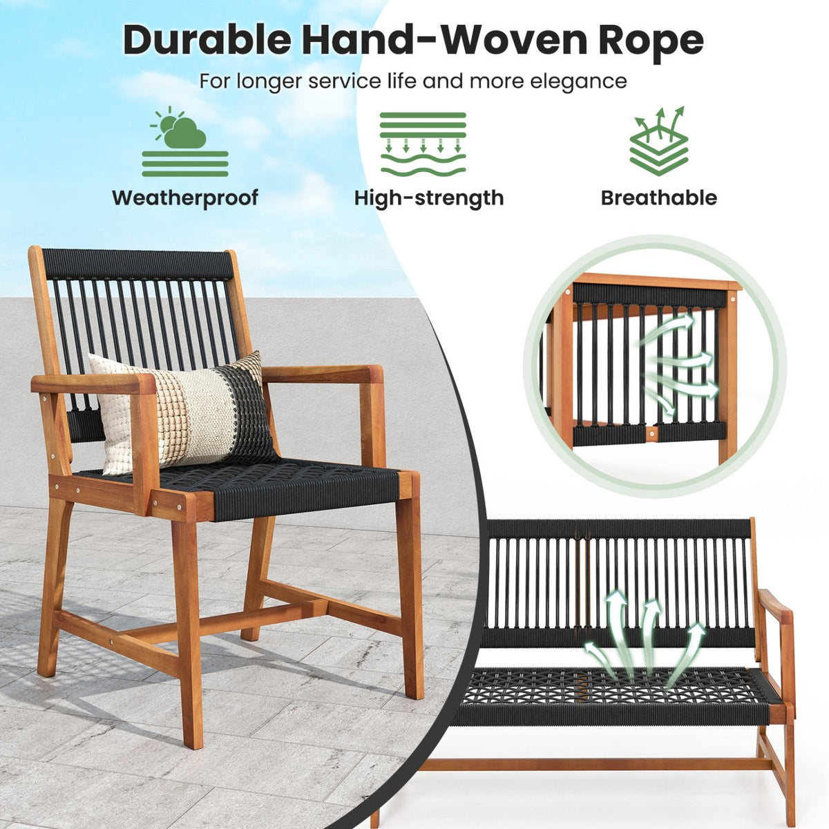 Juego de conversación de 4 piezas de madera de acacia para patio con asientos de cuerda tejida a mano en color negro, sofá de 2 plazas con capacidad para 705 lb, 2 sillas con capacidad para 360 lb y mesa
