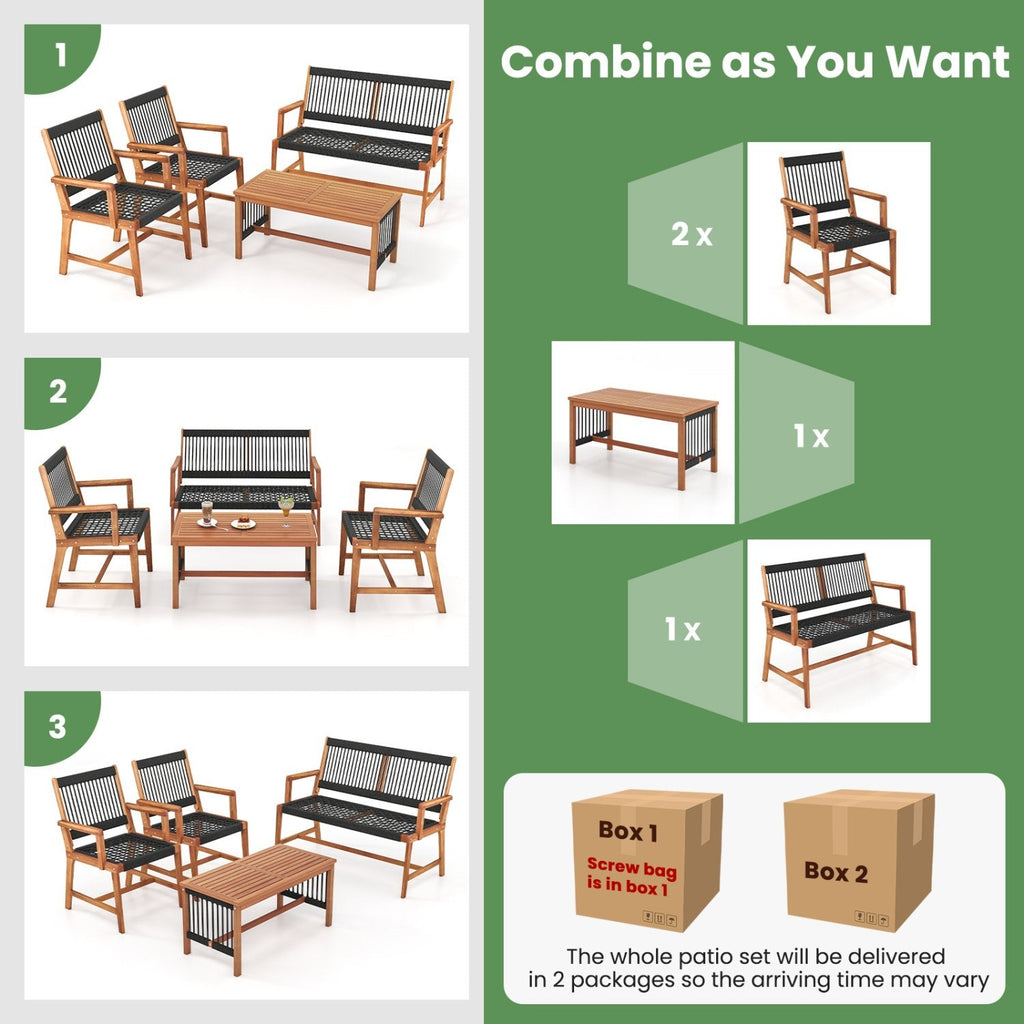 Juego de conversación de 4 piezas de madera de acacia para patio con asientos de cuerda tejida a mano en color negro, sofá de 2 plazas con capacidad para 705 lb, 2 sillas con capacidad para 360 lb y mesa
