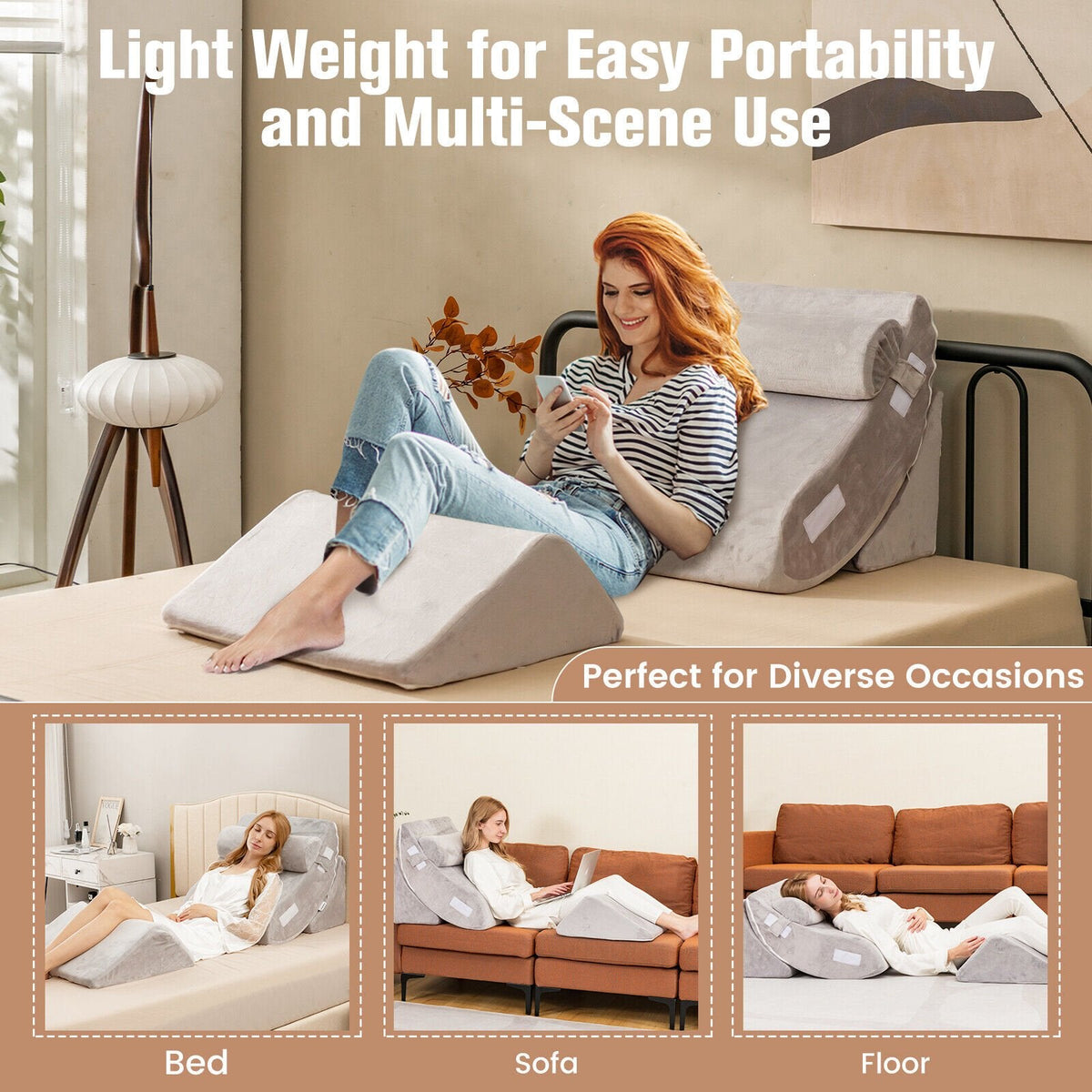 4点セット ベッドウェッジ枕 背中・首・脚の痛み緩和用 - グレー