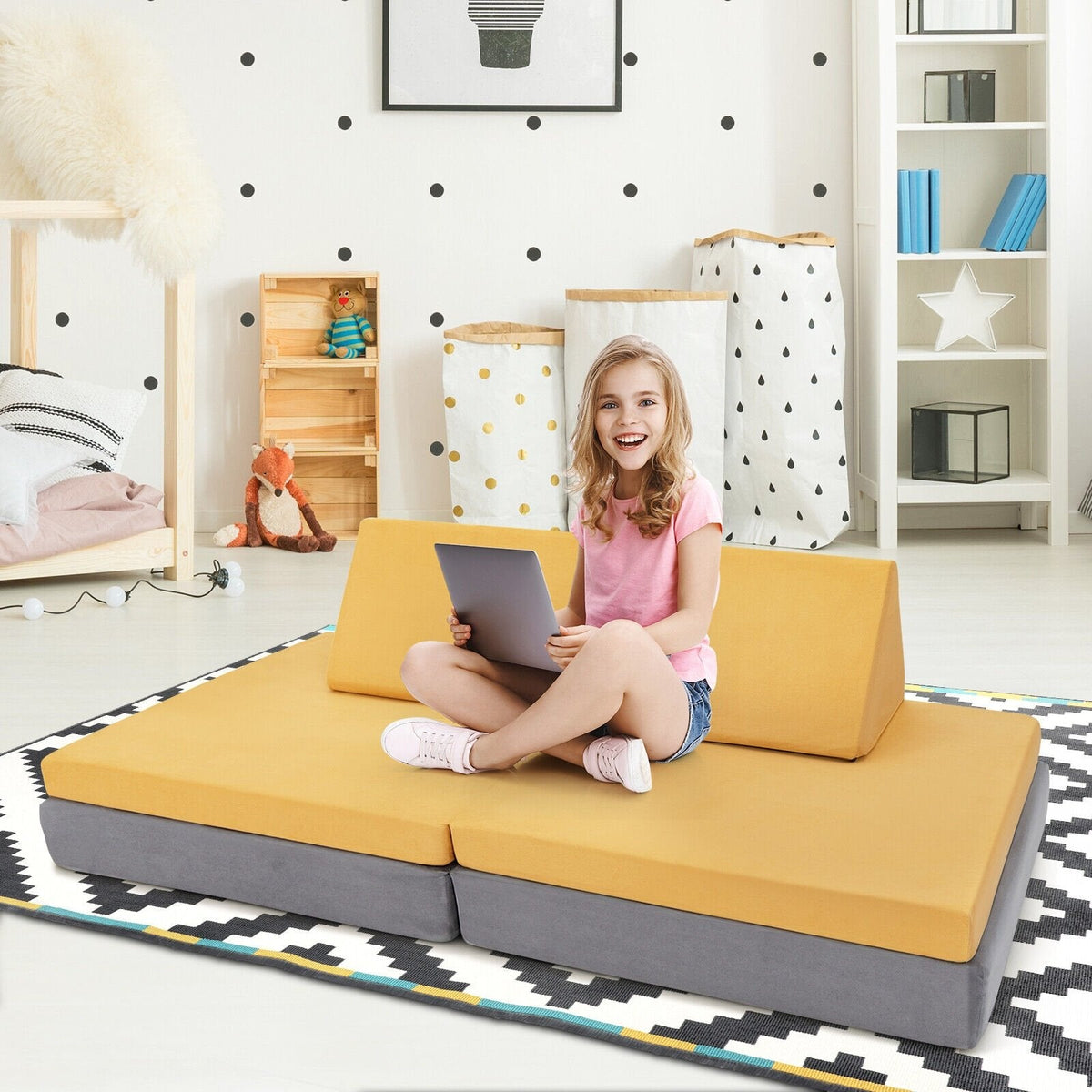 Ensemble de canapé convertible pour enfants 4 pièces avec 2 tapis pliables - Jaune