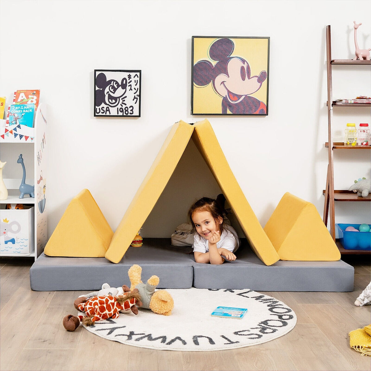 Ensemble de canapé convertible pour enfants 4 pièces avec 2 tapis pliables - Jaune